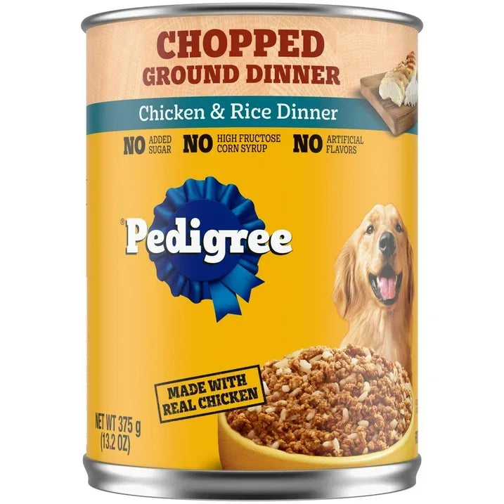 Wholesale Price with free shipping across the USA for (12 pack) Pedigree Chopped Ground Dinner Adult Canned Wet Dog Food, Chicken & Rice Dinner, 13.2 Oz. Can - Manji Distributors