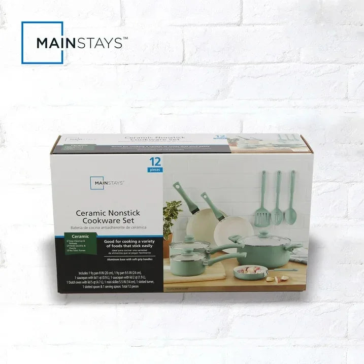 Wholesale Price with free shipping across the USA for Mainstays Ceramic Aluminum, 12 Piece, Pots and Pans Cookware Set Green Nonstick - Manji Distributors