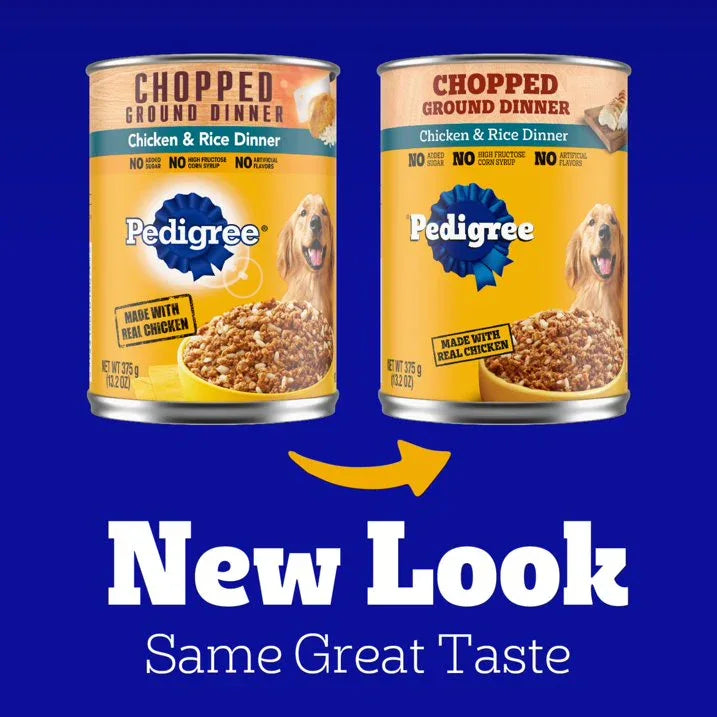 Wholesale Price with free shipping across the USA for (12 pack) Pedigree Chopped Ground Dinner Adult Canned Wet Dog Food, Chicken & Rice Dinner, 13.2 Oz. Can - Manji Distributors