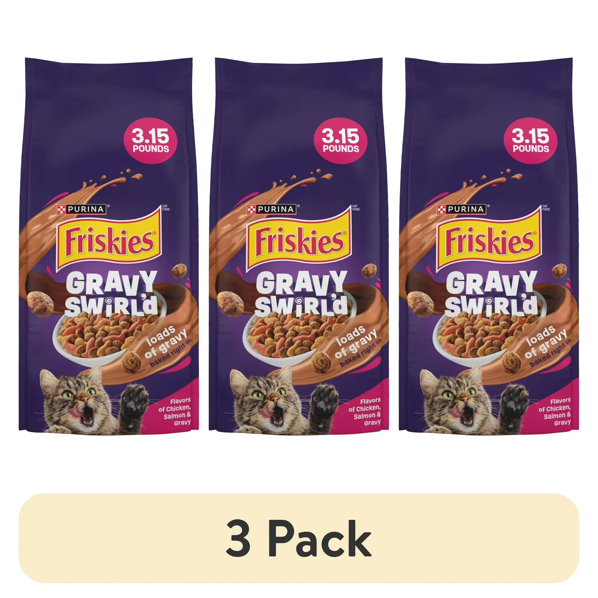 Wholesale Price with free shipping across the USA for (3 pack) Purina Friskies Dry Cat Food Gravy Swirl'd with Flavors of Chicken, Salmon and Gravy Dry Cat Food, 3.15 lb Bag - Manji Distributors