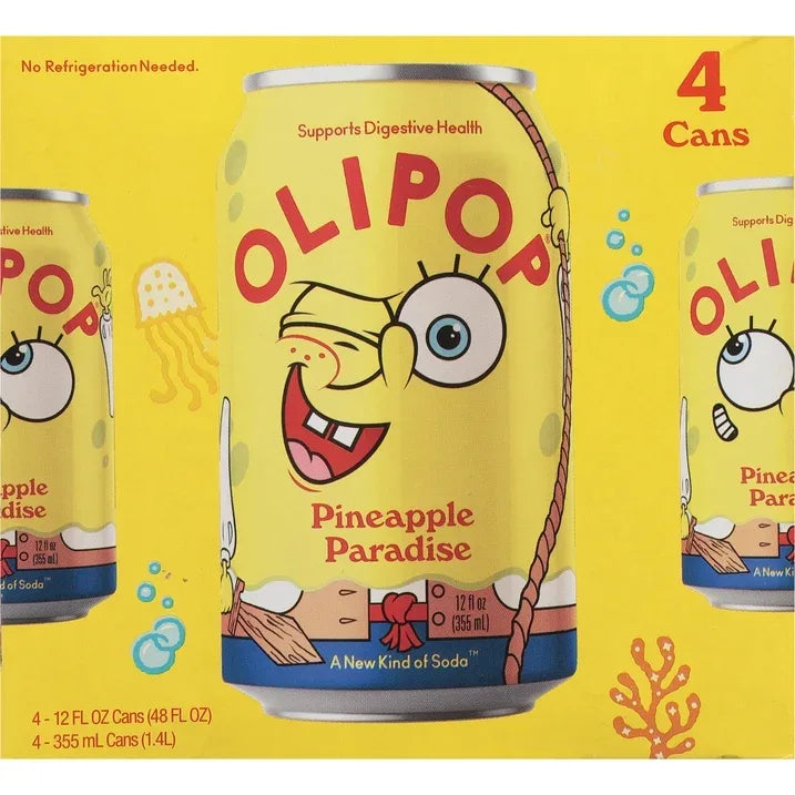 Wholesale Price with free shipping across the USA for OLIPOP Prebiotic Soda, SpongeBob Pineapple Paradise, 12 fl oz, 4 pack, Pantry Pack - Manji Distributors