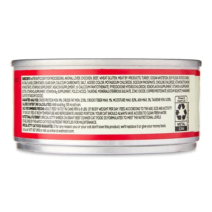 Wholesale Price with free shipping across the USA for (6 pack) Special Kitty Beef Dinner Shreds in Gravy Wet Cat Food, 5.5 oz Can - Manji Distributors