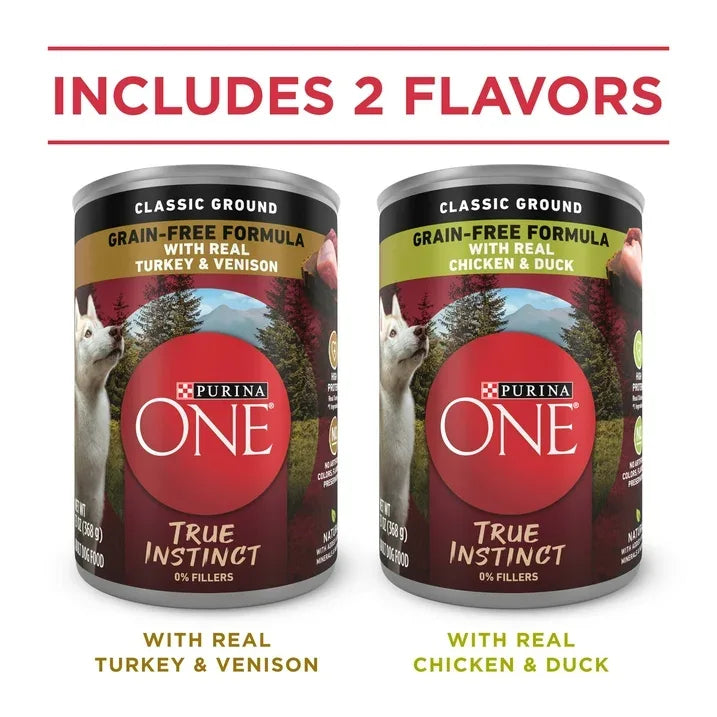 Wholesale Price with free shipping across the USA for (4 pack) Purina ONE True Instinct Classic Ground Grain-Free Formulas With Real Turkey and Venison, and With Real Chicken and Duck Wet High Protein Dog Food Variety Pack - Manji Distributors