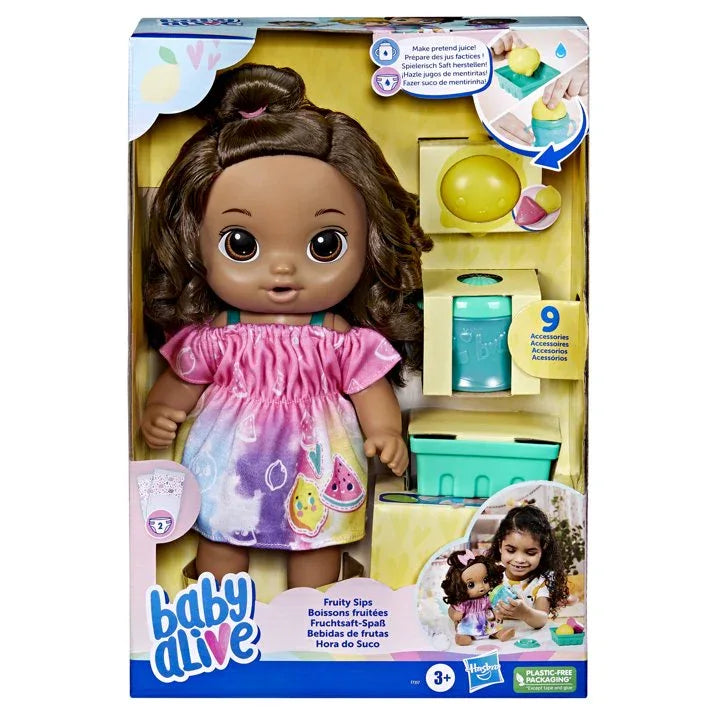 Wholesale Price with free shipping across the USA for Baby Alive Fruity Sips Doll, Lemon, Pretend Juicer Baby Doll Set, Kids 3 and Up, Brown Hair - Manji Distributors