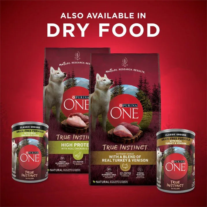 Wholesale Price with free shipping across the USA for (4 pack) Purina ONE True Instinct Classic Ground Grain-Free Formulas With Real Turkey and Venison, and With Real Chicken and Duck Wet High Protein Dog Food Variety Pack - Manji Distributors