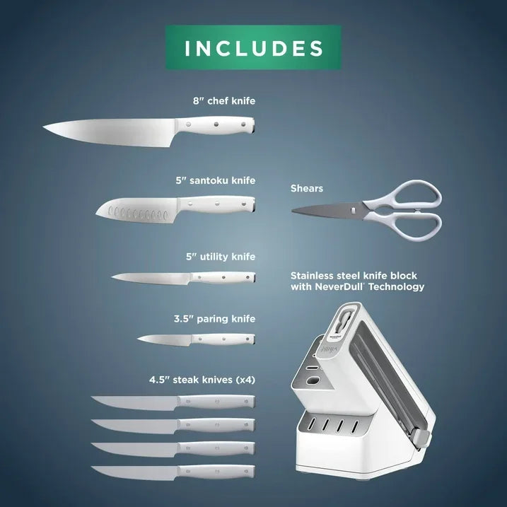 Wholesale Price with free shipping across the USA for Ninja Foodi NeverDull 10-Piece Stainless Steel Essential Knife System with Sharpener, K12010WH White - Manji Distributors