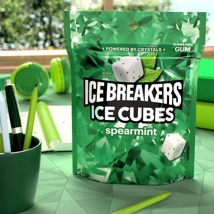Wholesale Price with free shipping across the USA for Ice Breakers Ice Cubes Spearmint Sugar Free Chewing Gum, Pouch 8.11 oz, 100 Pieces - Manji Distributors