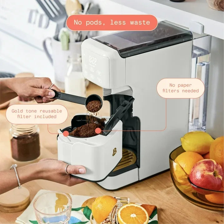Wholesale Price with free shipping across the USA for Beautiful Perfect Grind™ Programmable Single Serve Coffee Maker, White Icing by Drew Barrymore - Manji Distributors
