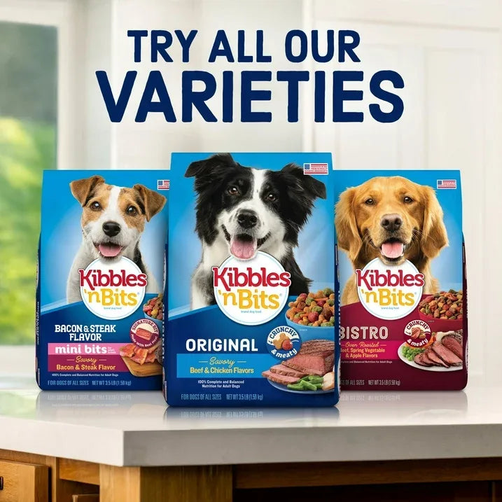 Wholesale Price with free shipping across the USA for Kibbles 'n Bits Triple Steak Flavor Dry High Protein Dog Food 40 lb Bag - Manji Distributors