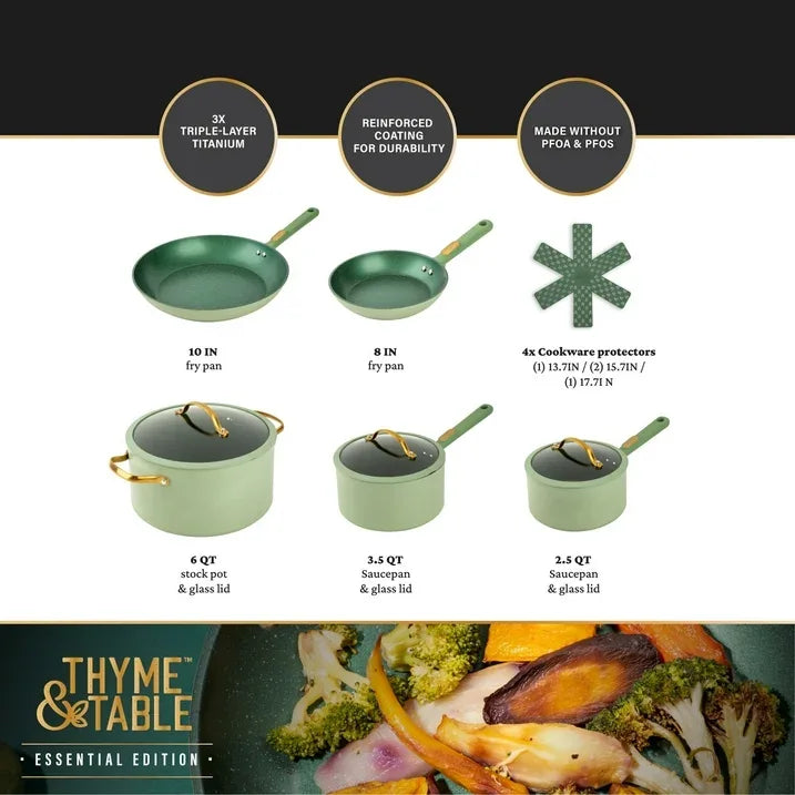 Wholesale Price with free shipping across the USA for Thyme & Table 12-Piece Non-Stick Cookware Set, Pots and Pans Set - Green, Granite Collection - Manji Distributors