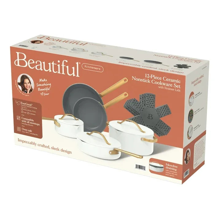 Wholesale Price with free shipping across the USA for Beautiful 12pc Ceramic Non-Stick Cookware Set with Strainer Lids, White Icing by Drew Barrymore - Manji Distributors