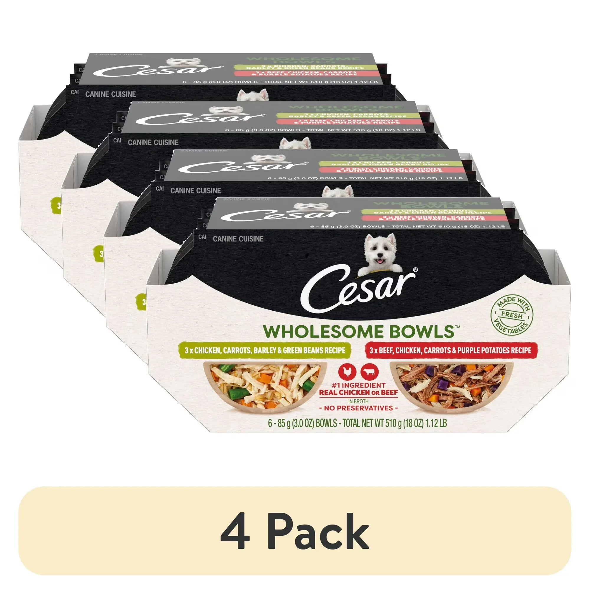 Wholesale Price with free shipping across the USA for (4 pack) Cesar Wholesome Bowls Broth Wet Dog Food Variety Pack, 3 Oz Bowls (6 Pack) - Manji Distributors