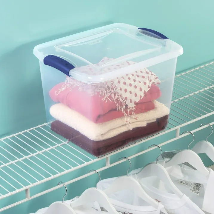 Wholesale Price with free shipping across the USA for Sterilite Small Storage Bin, 27 Quart Clear Plastic Storage Container with Latch Lid, Blue, 10 Count - Manji Distributors