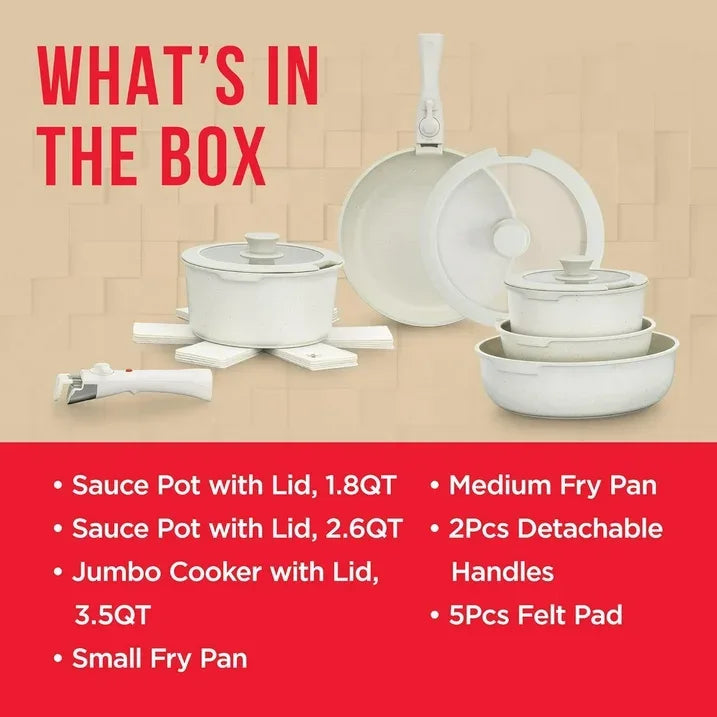 Wholesale Price with free shipping across the USA for Bakken 15-Piece Non-Stick Cookware Set with Detachable Handles – Granite Stackable Pots and Pans Set, Dishwasher Safe, Oven-Safe, and Compatible Kitchen Essential for All Stoves – Cream - Manji Distributors