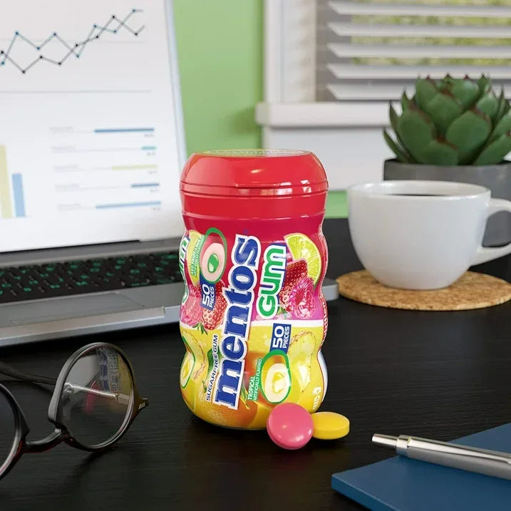 Wholesale Price with free shipping across the USA for Mentos Gum Sugar-Free Tropical Red Fruit Lime Chewing Gum, 50 Regular Size Pieces, Bottle - Manji Distributors