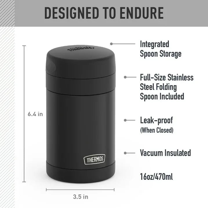 Wholesale Price with free shipping across the USA for Thermos 16oz Insulated Food Jar with Folding Spoon, Matte Black - Manji Distributors