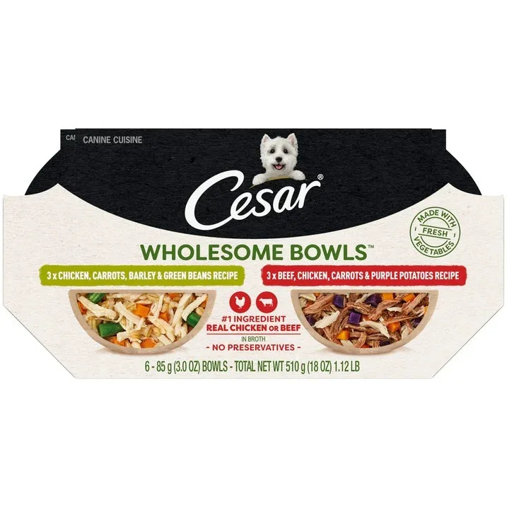 Wholesale Price with free shipping across the USA for (4 pack) Cesar Wholesome Bowls Broth Wet Dog Food Variety Pack, 3 Oz Bowls (6 Pack) - Manji Distributors