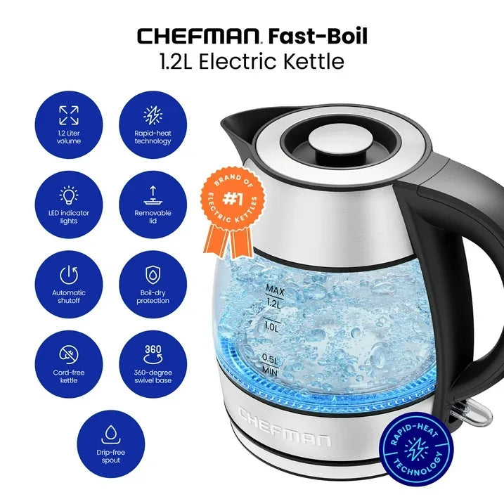 Wholesale Price with free shipping across the USA for Chefman Rapid Boil 1.2L Electric Tea Kettle with Removable Lid - Stainless Steel - Manji Distributors