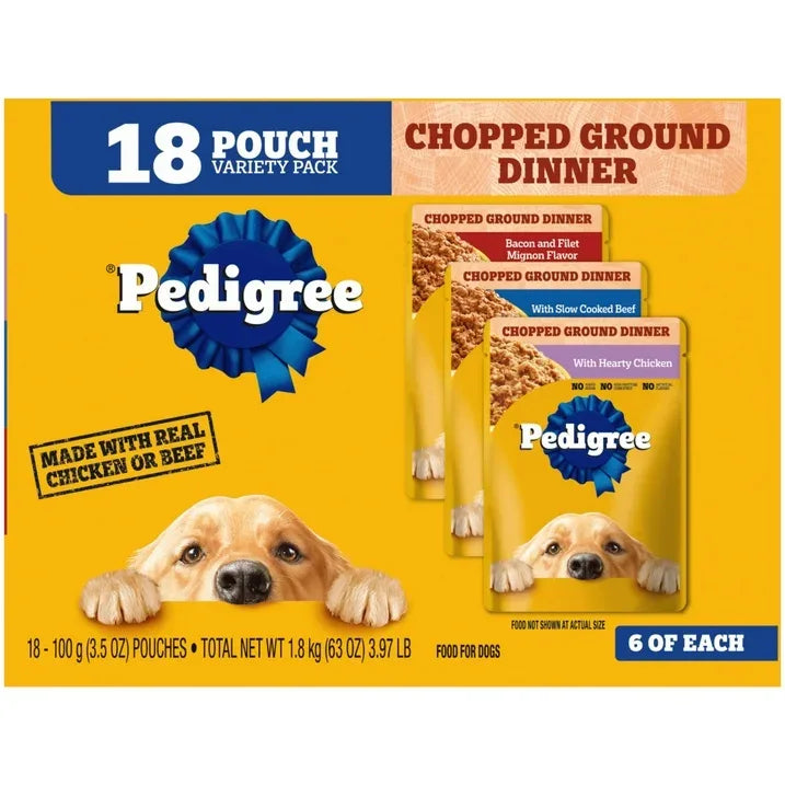 Wholesale Price with free shipping across the USA for (2 pack) Pedigree Chopped Ground Dinner Dog Food Bacon Filet Mignon Variety Pack, 3.5 Oz. Pouches (18 Pack) - Manji Distributors