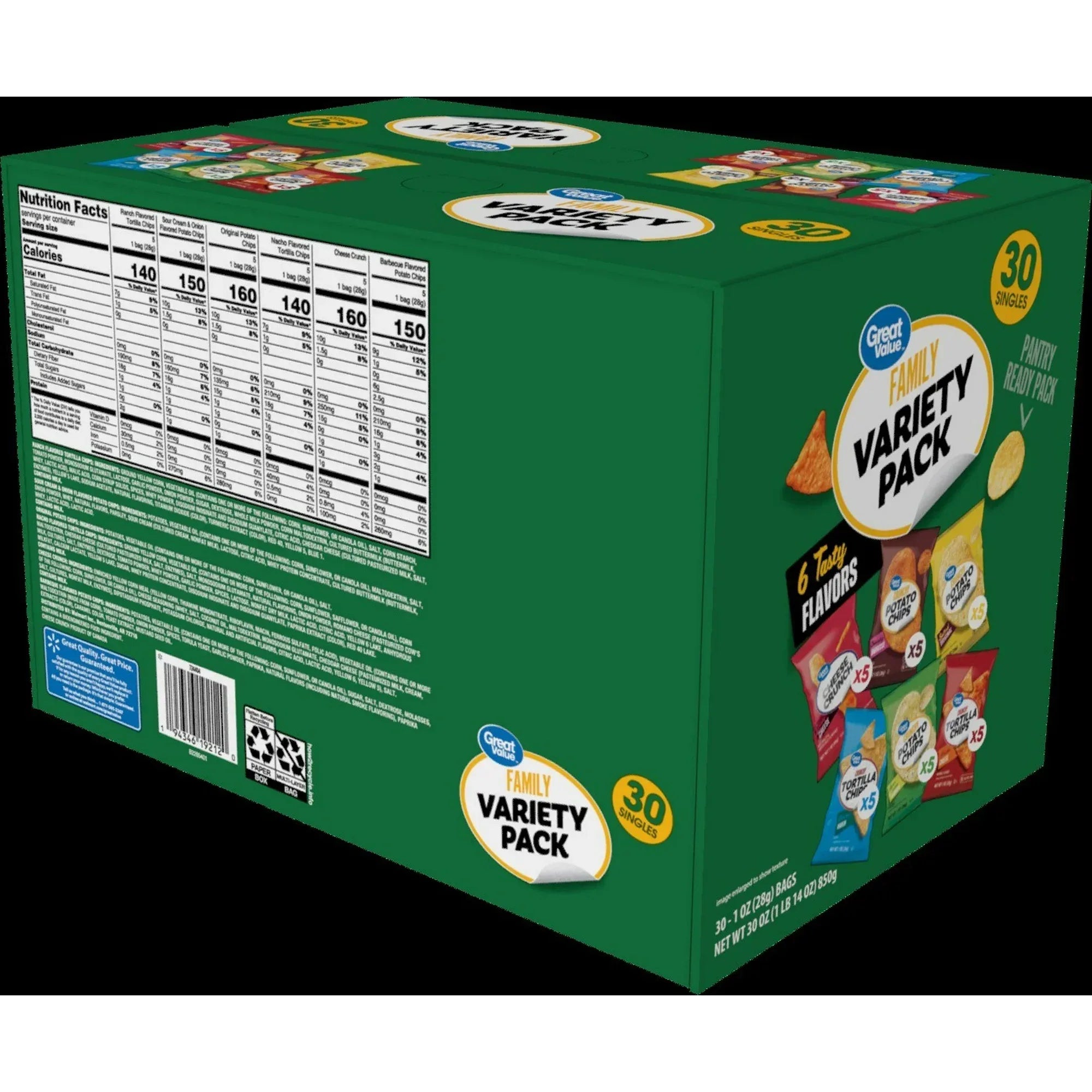 Wholesale Price with free shipping across the USA for Great Value Family Variety Chips Pack, 30 Count, 1 oz - Manji Distributors