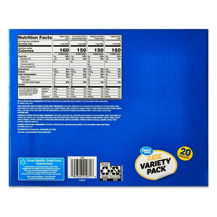 Wholesale Price with free shipping across the USA for Great Value Classic Chips Variety Pack, 1 oz, 20 Count - Manji Distributors