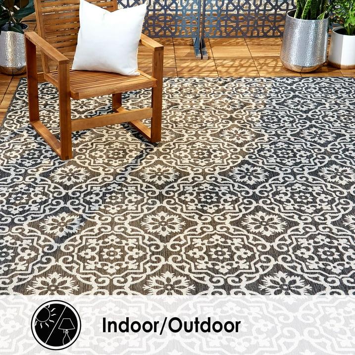Wholesale Price with free shipping across the USA for Nicole Miller New York Patio Country Danica Transitional Geometric Indoor/Outdoor Area Rug, Black/Grey, 1'9