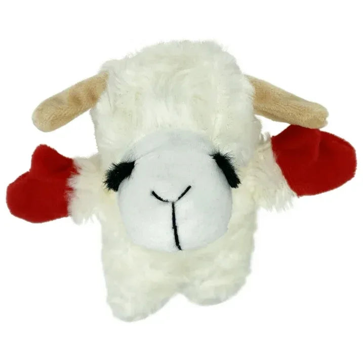 Wholesale Price with free shipping across the USA for (3 pack) Multipet Lamb Chop Plush Crinkle Flop Dog Toy, White with Red Paws - Manji Distributors