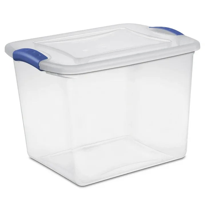 Wholesale Price with free shipping across the USA for Sterilite Small Storage Bin, 27 Quart Clear Plastic Storage Container with Latch Lid, Blue, 10 Count - Manji Distributors