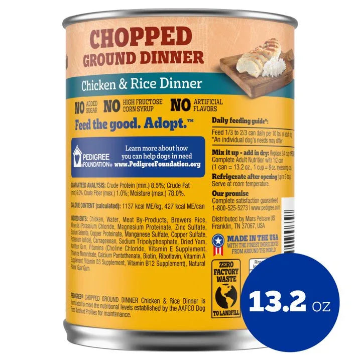 Wholesale Price with free shipping across the USA for (12 pack) Pedigree Chopped Ground Dinner Adult Canned Wet Dog Food, Chicken & Rice Dinner, 13.2 Oz. Can - Manji Distributors