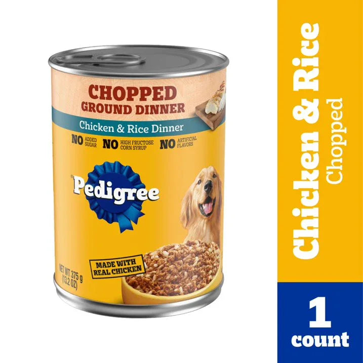 Wholesale Price with free shipping across the USA for (12 pack) Pedigree Chopped Ground Dinner Adult Canned Wet Dog Food, Chicken & Rice Dinner, 13.2 Oz. Can - Manji Distributors