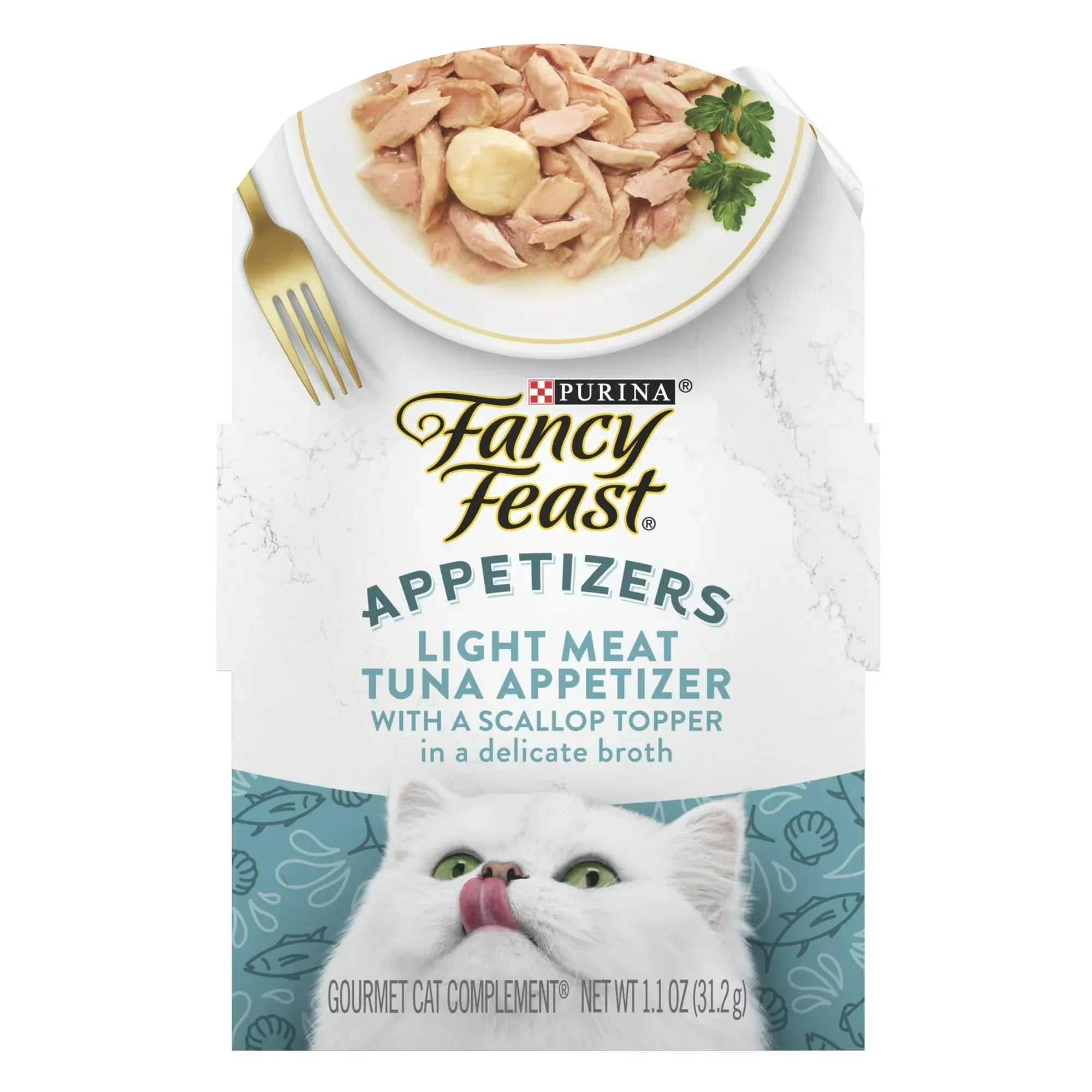 Wholesale Price with free shipping across the USA for (6 pack) Purina Fancy Feast Appetizers, Wet Cat Food Broth, Tuna with a Scallop Topper, 1.1 oz Tray - Manji Distributors