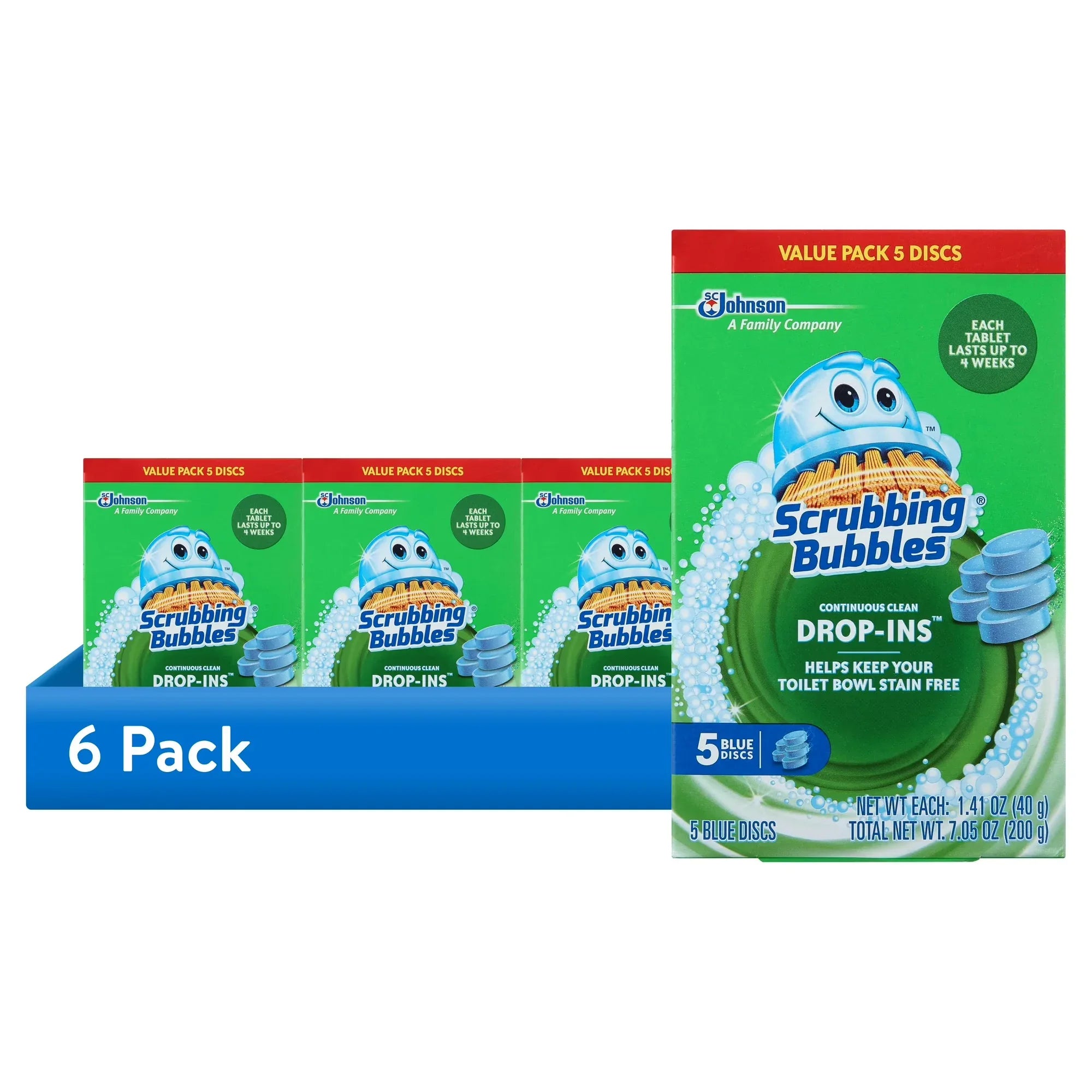 Wholesale Price with free shipping across the USA for (6 pack) Scrubbing Bubbles Continuous Clean Drop-Ins - One Toilet Bowl Cleaner Tablet Lasts Up to 4 Weeks, 5 Blue Discs, 7.05 oz - Manji Distributors