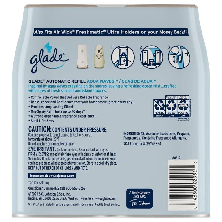 Wholesale Price with free shipping across the USA for Glade Automatic Spray Refills, Air Freshener, Mothers Day Gifts, Infused with Essential Oils, Aqua Waves, 6.2 oz, 2 Count - Manji Distributors