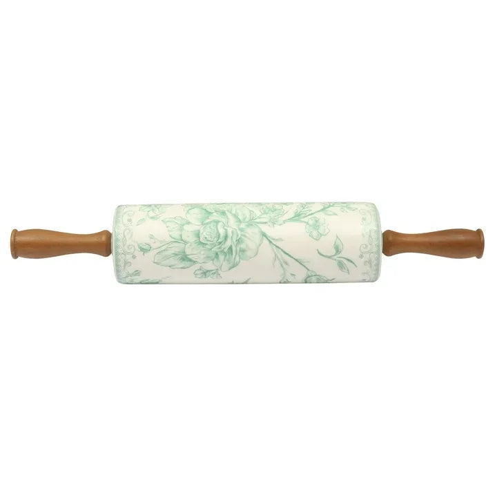 Wholesale Price with free shipping across the USA for The Pioneer Woman Agatha Ceramic Rolling Pin with Olivewood Handles, Green - Manji Distributors