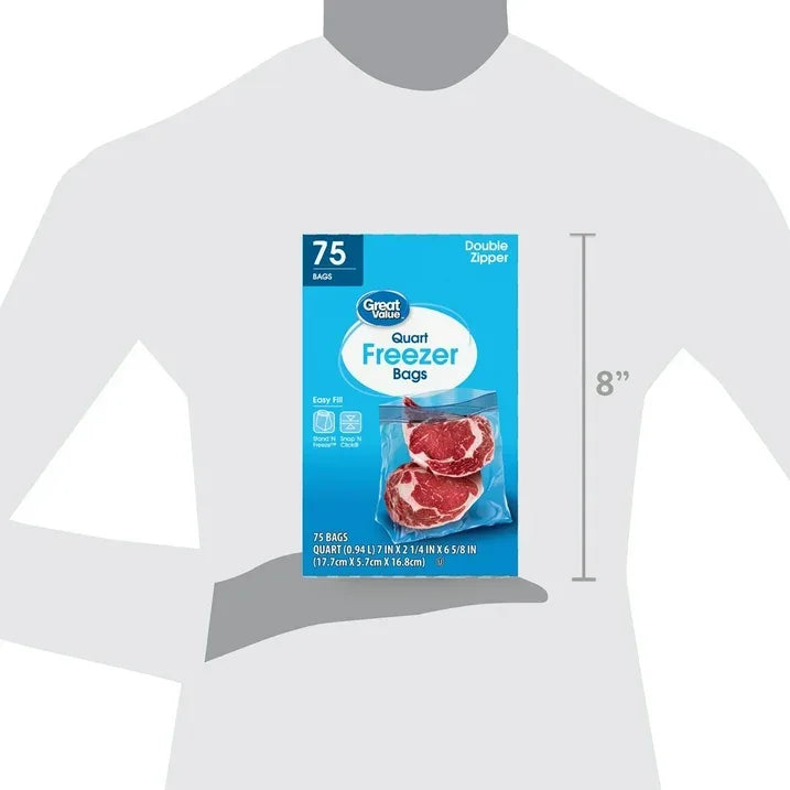Wholesale Price with free shipping across the USA for Great Value Freezer Guard Double Zipper Freezer Bags, Quart, 75 Count - Manji Distributors