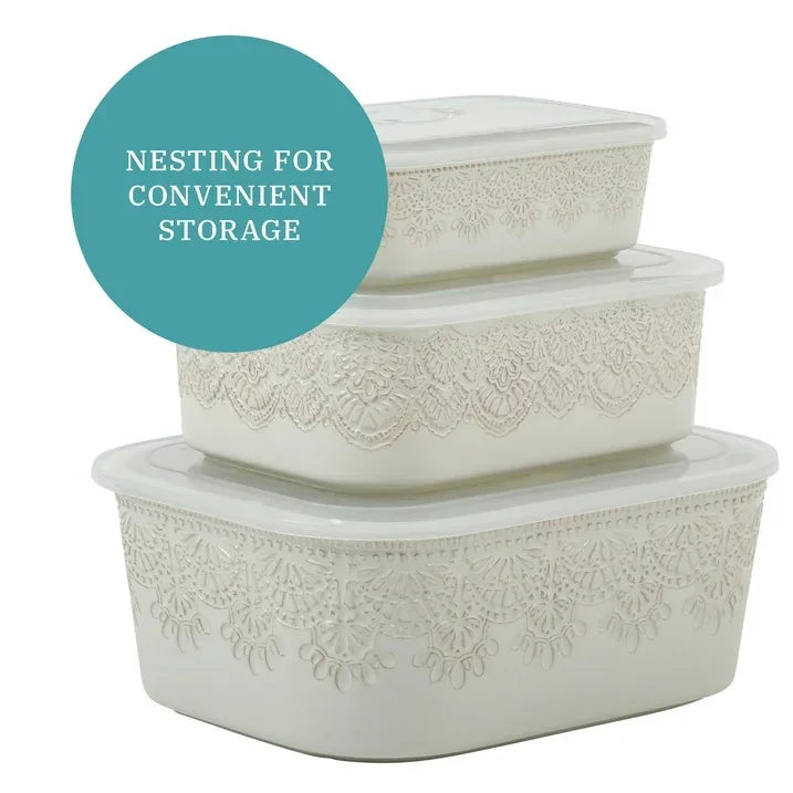 Wholesale Price with free shipping across the USA for The Pioneer Woman Vintage Lace 6-Piece Nesting Casserole Baking Dish Bakeware Set with Lids, Linen - Manji Distributors
