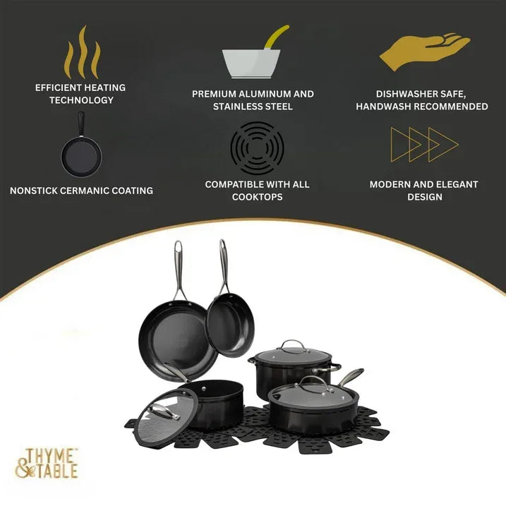 Wholesale Price with free shipping across the USA for Thyme and Table 12 Piece Nonstick Aluminum Cookware Set, Pots and Pans Set - Gunmetal - Manji Distributors
