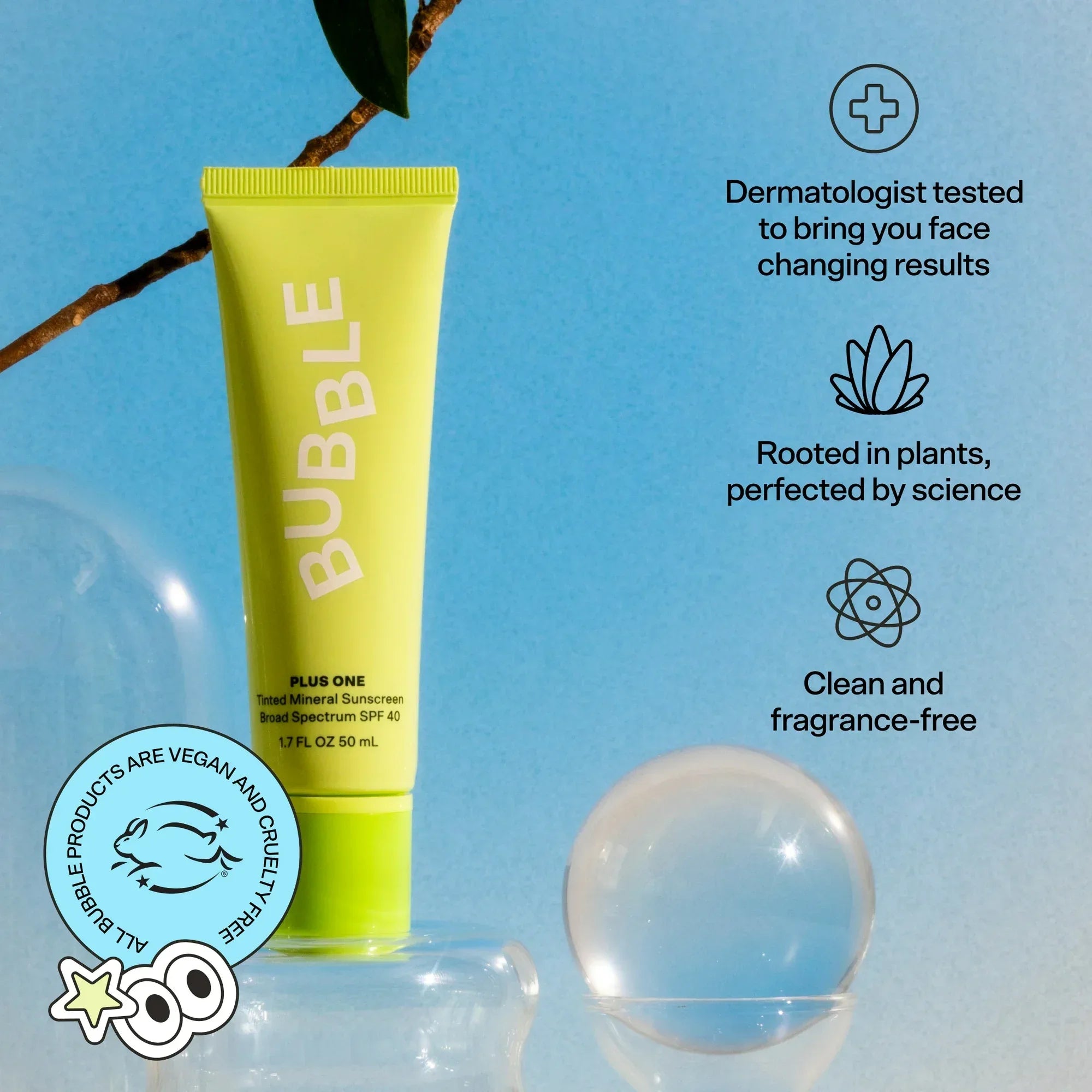 Wholesale Price with free shipping across the USA for Bubble Skincare Plus One Tinted Sunscreen SPF 40, Everyday Care Sun Protection, All Skin Types, 1.7 fl oz / 50mL - Manji Distributors