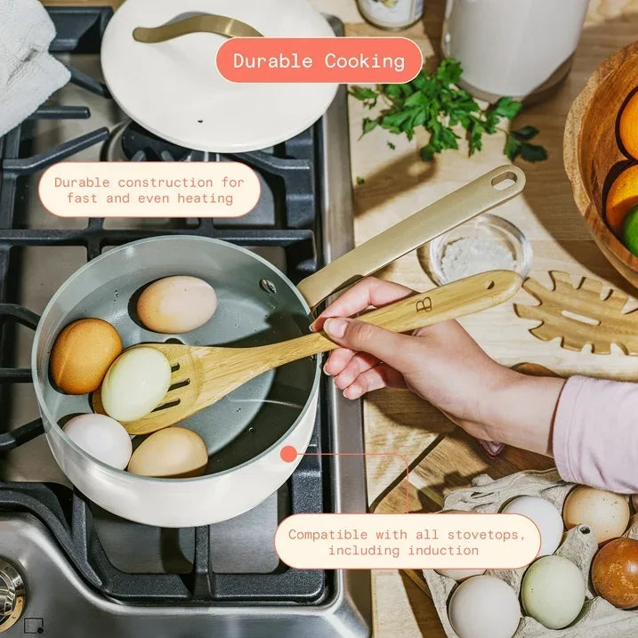 Wholesale Price with free shipping across the USA for Beautiful 12pc Ceramic Non-Stick Cookware Set with Strainer Lids, White Icing by Drew Barrymore - Manji Distributors