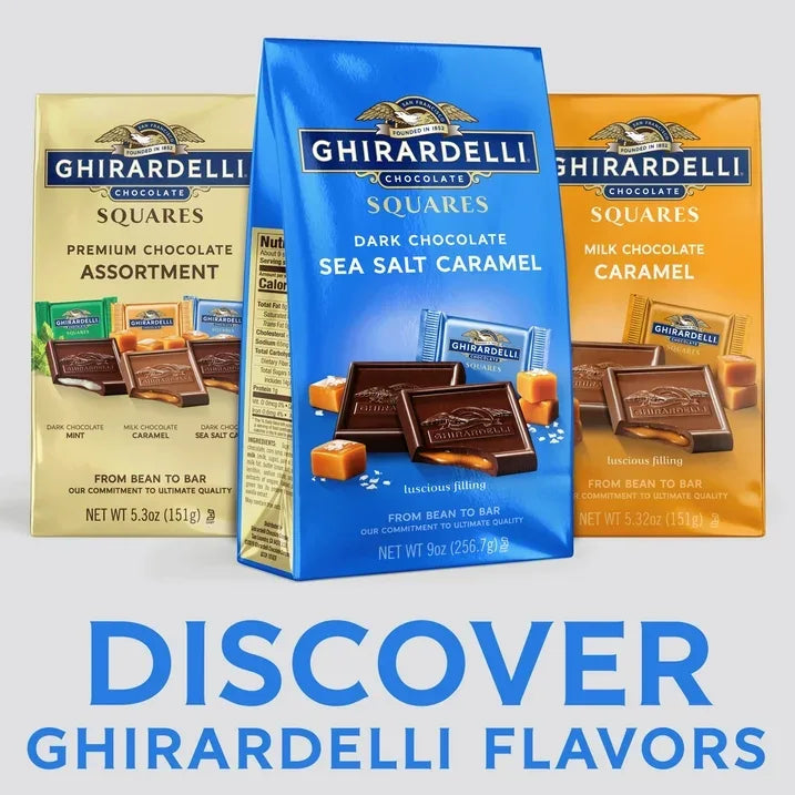 Wholesale Price with free shipping across the USA for GHIRARDELLI Dark Chocolate Candy SQUARES with Sea Salt Caramel Filling, 9 oz Bag - Manji Distributors