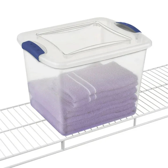 Wholesale Price with free shipping across the USA for Sterilite Small Storage Bin, 27 Quart Clear Plastic Storage Container with Latch Lid, Blue, 10 Count - Manji Distributors