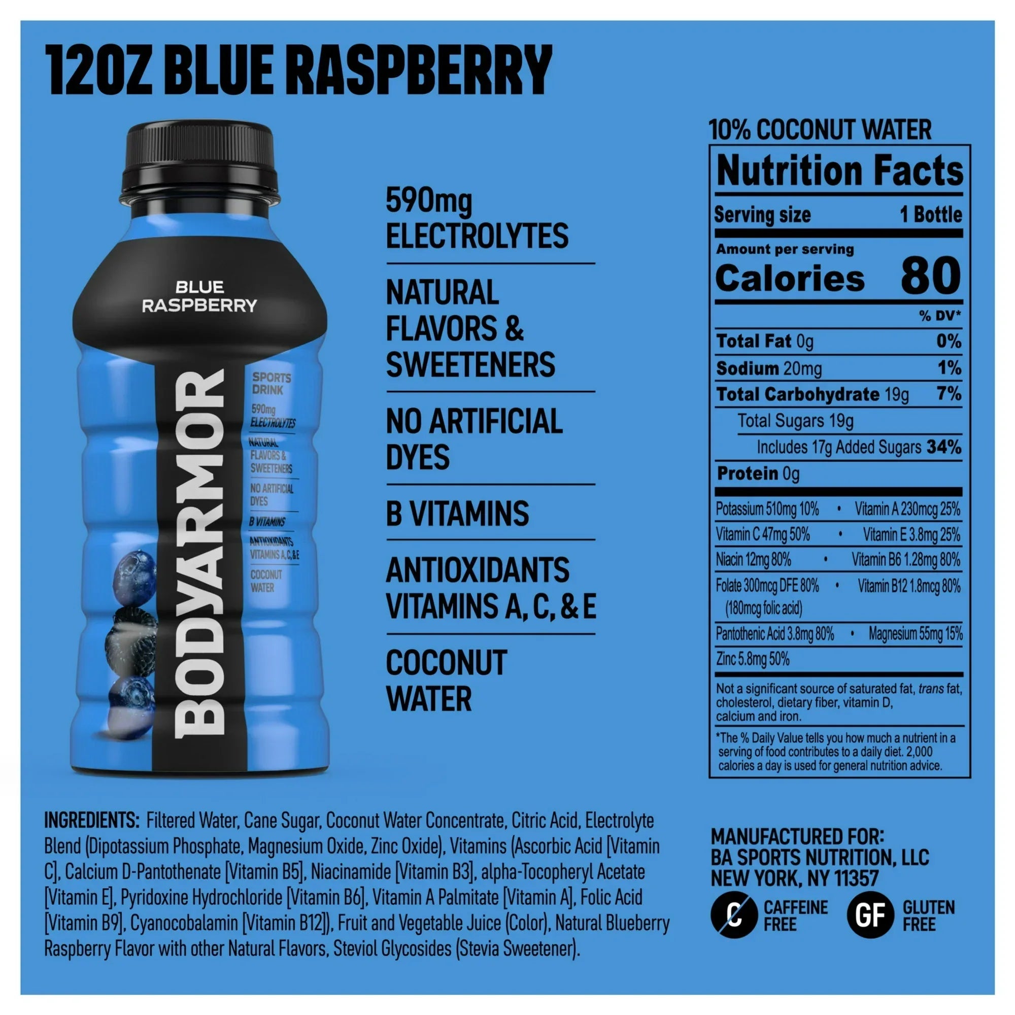 Wholesale Price with free shipping across the USA for BODYARMOR Sports Drink Blue Raspberry, 12 fl oz, 18 Pack - Manji Distributors