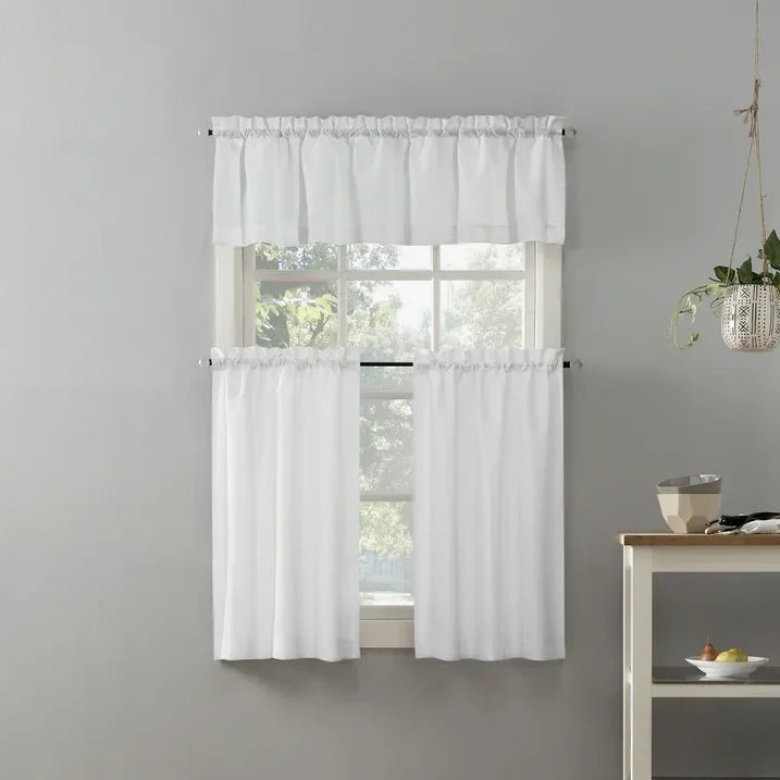 Wholesale Price with free shipping across the USA for Mainstays 3-Piece Semi Sheer Rod Pocket Kitchen Window Tier Pair and Valance, 2 Café Curtains and 1 Curtain Valance, White, 54