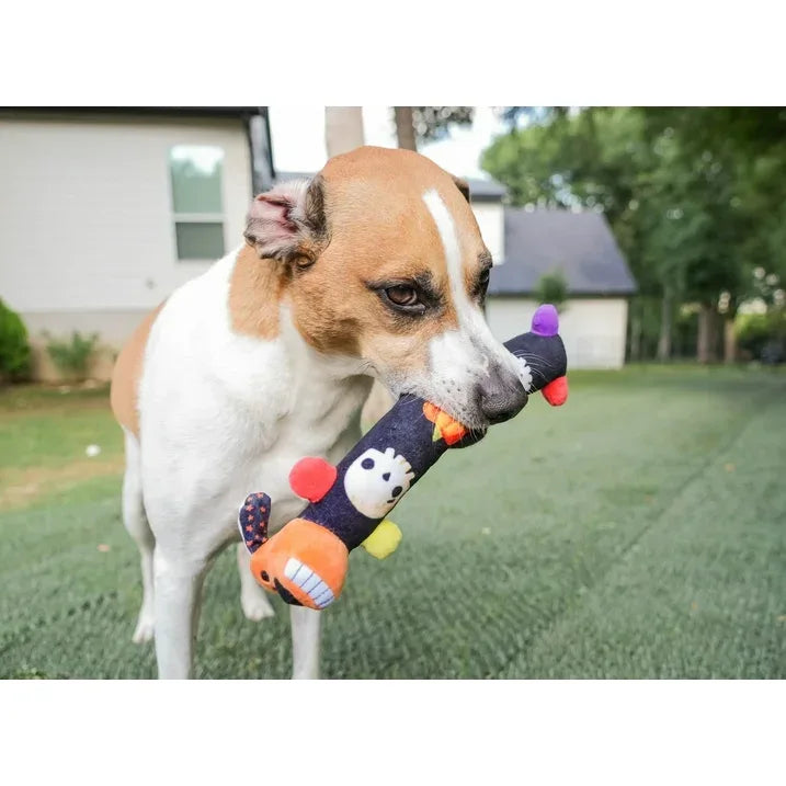 Wholesale Price with free shipping across the USA for Multipet Smiling Loofa Halloween Plush Dog Toy with Squeaker, 2 Piece Multipack, Day of the Dead, 12