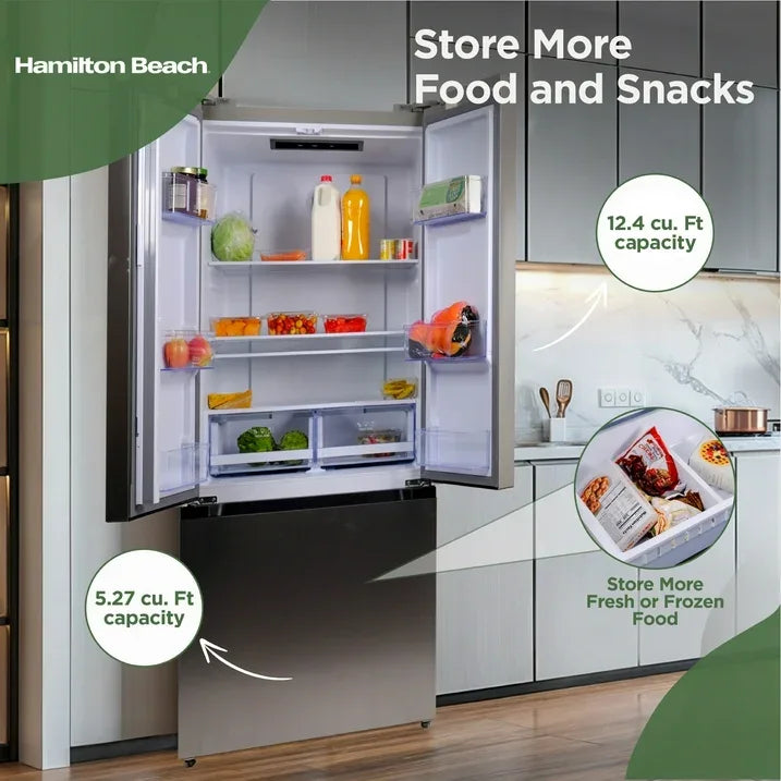 Wholesale Price with free shipping across the USA for Hamilton Beach, 17.7 Cu. Ft. French Door Refrigerator, Freestanding Installation, Platinum Silver, HZ0771 - Manji Distributors
