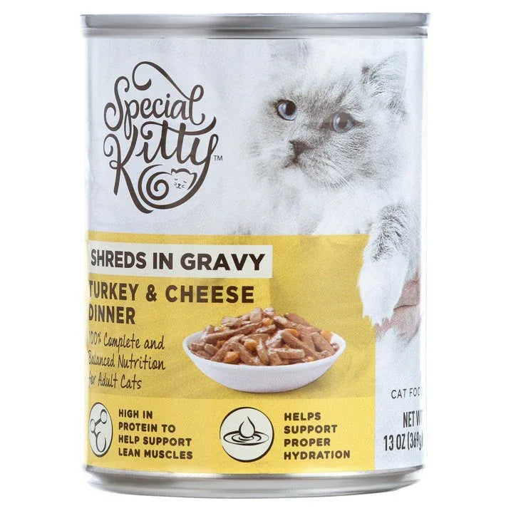 Wholesale Price with free shipping across the USA for Special Kitty Turkey & Cheese Dinner Shreds in Gravy Wet Cat Food, 13 oz Cans (12 Pack) - Manji Distributors