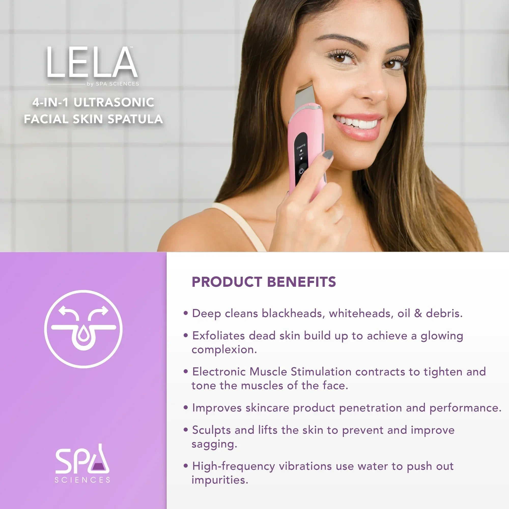 Wholesale Price with free shipping across the USA for Spa Sciences LELA: 4-in-1 Ultrasonic Facial Spatula for deep cleansing, pore extraction, serum infusion, anti-aging, and contouring - Manji Distributors