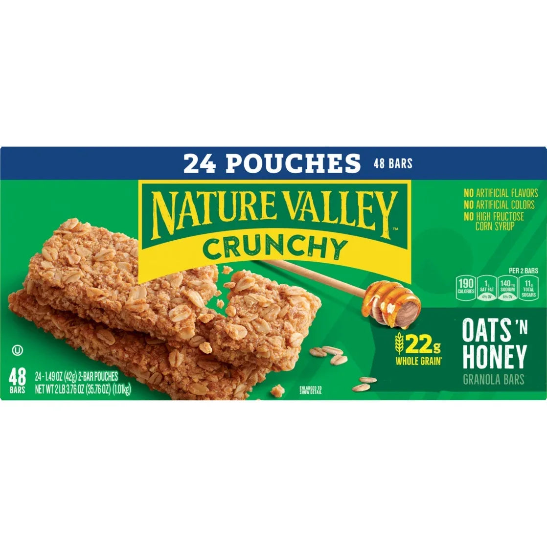 Wholesale Price with free shipping across the USA for Nature Valley Crunchy Granola Bars, Oats 'n Honey, 48 Count, 35.76 oz (24 Pouches) - Manji Distributors