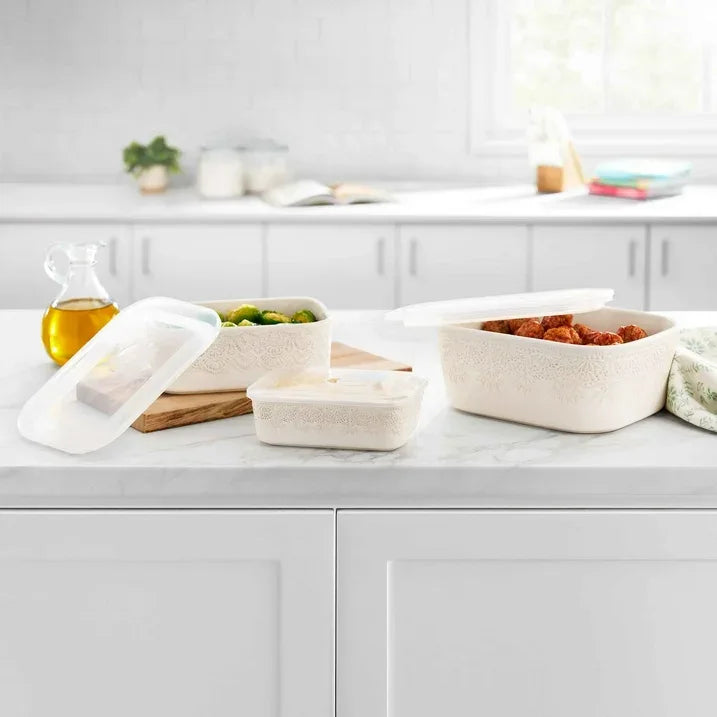 Wholesale Price with free shipping across the USA for The Pioneer Woman Vintage Lace 6-Piece Nesting Casserole Baking Dish Bakeware Set with Lids, Linen - Manji Distributors