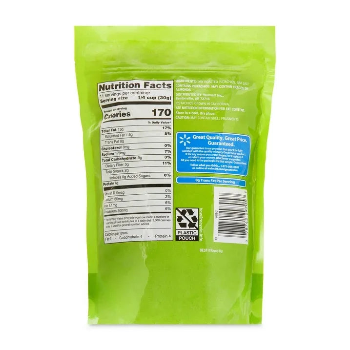 Wholesale Price with free shipping across the USA for Great Value Roasted & Salted, No Shell Pistachios, 12 oz Resealable Bag - Manji Distributors